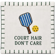 Load image into Gallery viewer, Court Hair Don’t Care — individual white linen pickleball cocktail napkin
