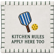 Load image into Gallery viewer, Kitchen Rules Apply Here Too — individual white linen pickleball cocktail napkin
