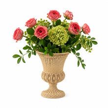 Load image into Gallery viewer, Handwoven Iraca palm fiber floral planter urn styled with flowers
